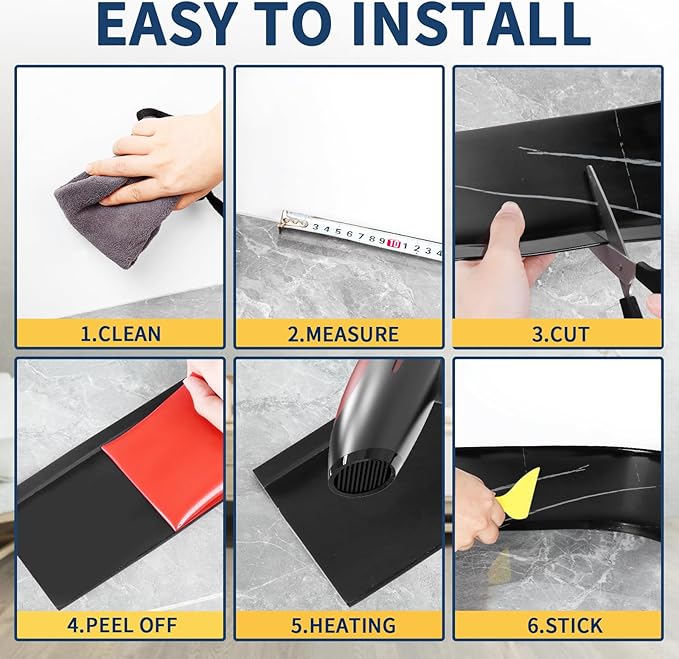 Flexible Baseboard Molding Trim 4 Inch Self-Adhesive Vinyl Wall Base Peel and Stick Cove Base Rubber Wall Baseboard Moulding Trim (200Ft, Black Stone)