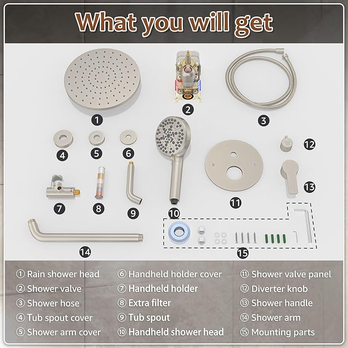 Iriber Brushed Nickel Bathtub Shower Faucet Set,Bathroom Shower System with Tub Spout ,Filtered Shower Head with Handheld, 9 Spray Mode Showerhead,Shower Valve Trim Kit Contain Cartridge,10 Inch