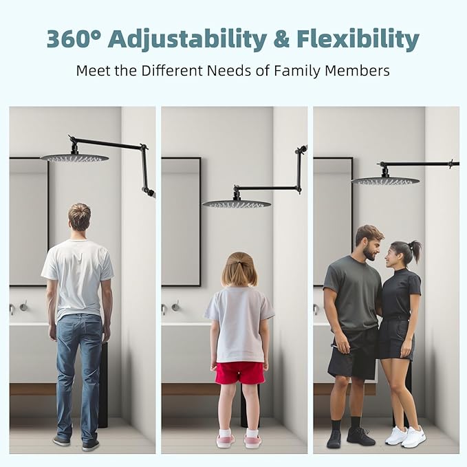 iFealClear All Metal 16" Shower Head Extension Arm, Solid Brass Shower Head Extender Adjustable Height Angle, G1/2 Universal Connection Stainless Steel Rain Shower Pipe, Lock Joint, Oil Rubbed Bronze