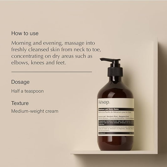 Aesop Geranium Leaf Body Balm | Soothing, Balancing Hydration with Geranium Leaf, Mandarin Rind, Bergamot Rind & Nut Oils | Green Citrus Fresh Scent | 500 mL / 16.9 fl oz
