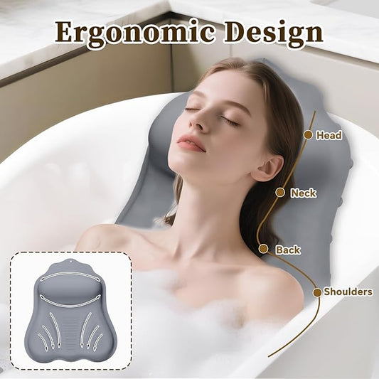 Silicone Bath Pillow for Tub Adults, 4D Air-Cushion Bathtub Pillow for Head Neck and Back Support, Non-Slip Suction Cups, Quick-Drying Waterproof Spa Pillow, Easy to Clean & Store,Gray