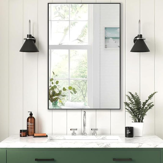 30x36 Inch Black Bathroom Mirror, Copper-Free Mirror, Aluminum Alloy Frame Vanity Rectangle Wall Mounted Modern Mirror for Bedroom/Living Room/Porch Horizontal or Vertical