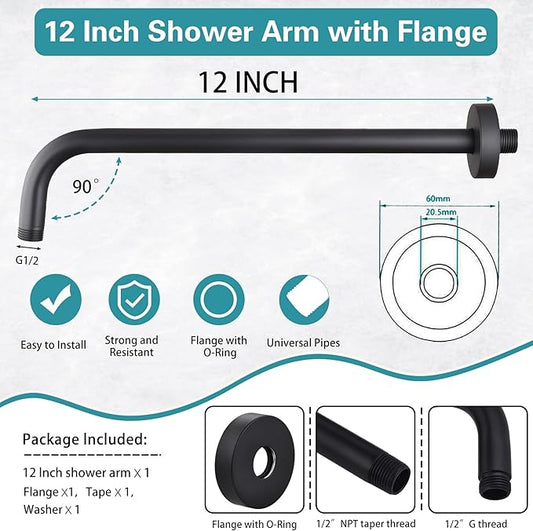 12 Inch Shower Arm with Flange,Stainless Steel 90 Degree Rain Shower Head Extension Arm,Wall-Mounted Shower Head Arm for Fixed Shower Head,Matte Black