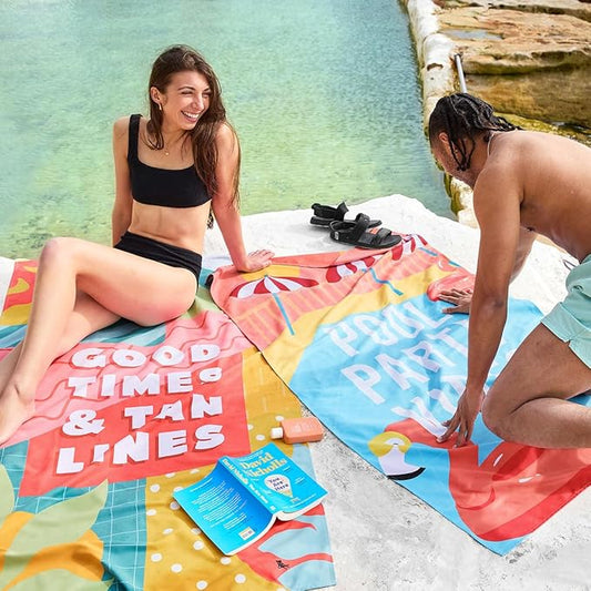 Dock & Bay Beach Towel - Quick Dry, Sand Free - Compact, Lightweight - 100% Recycled - Includes Bag - Good Times & Tan Lines - Large (160x90cm, 63x35)