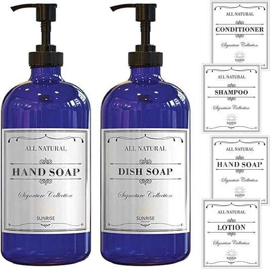 16 OZ Cobalt Blue Glass Soap Dispenser with Plastic Pump 2 Pack, Hand and Dish Soap Dispenser Set for Bathroom and Kitchen Sink with 6 Waterproof Labels