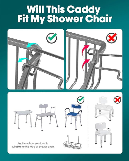 Rustproof Hanging Shower Caddy for Shower Chair, Stainless Steel Bathroom Basket for Bathroom Chair Bench,Showers Caddy Chair with Hooks, Shampoo Bottle Holder for Elderly, Pregnant, Handicap, Patient