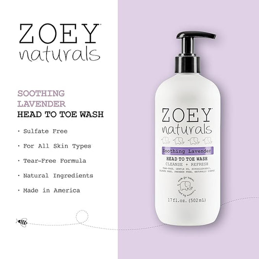Zoey Naturals - Soothing Lavender Wash & Shampoo - Toddlers & Kids - With Tear-free, Paraben-Free, All Natural Ingredients for Sensitive Skin- 17 Oz