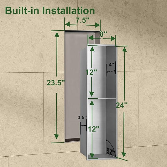 Shower Niche,8 * 24 Stainless Steel Elegant Bathroom Niche, No Tile Needed Recessed Shower Shelf Organizer for Storage,Silver