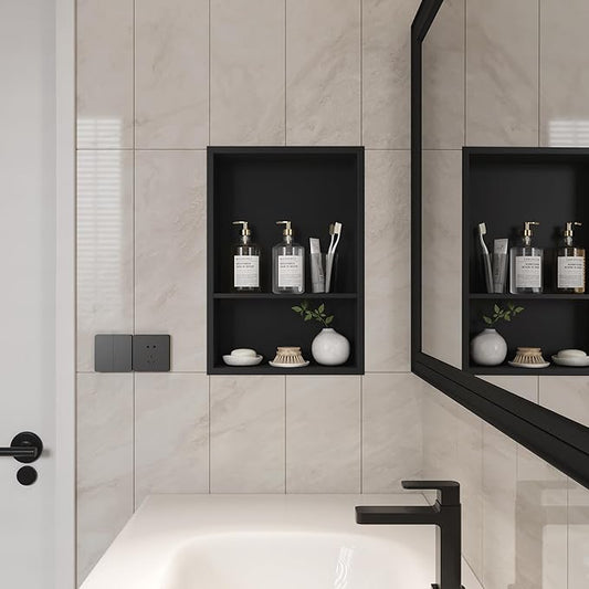 Neodrain 12X18 Inch Matte Black Double Shelf Stainless Steel Shower Niche, No Tile Needed Bathroom Organizer, Two Layer Recessed Built-in Wall Niche