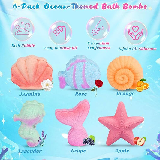 Mermaid Bath Bombs for Girls Kids with Surprise Inside, 6PCS Organic Essential Oil Bubble Bath Bombs for Kids,Christmas Birthday Gift for 3-8 Mermaid Princess Party Favors