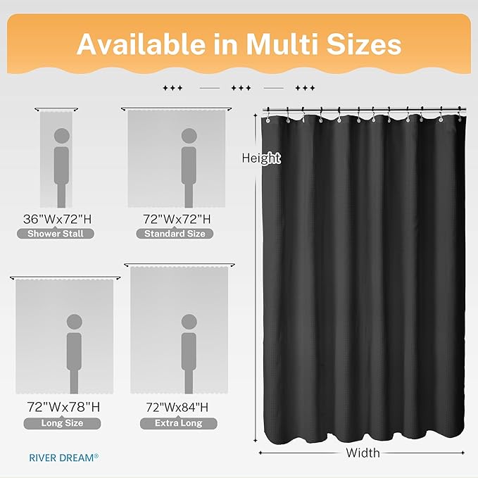 River Dream 3 in 1 Shower Curtain Set, Waffle Fabric Shower Curtain and Waterproof Clear Liner Set with Double Sided Metal Hooks, Black, 72" W*72" H