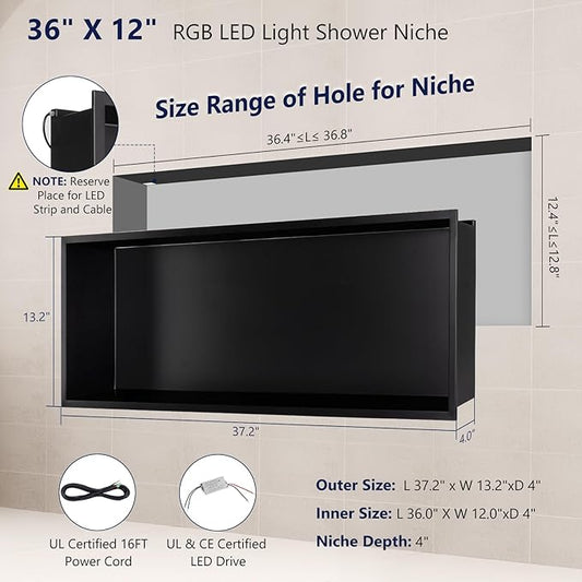 36" X 12" RGB LED Shower Niche No Tile Needed, 304 Stainless Steel Shower Niche Insert Tile Ready, Recessed Wall Shelf for Bathroom Storage Organizer with Remote Control, Matte Black