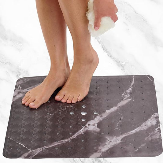 ENKOSI Square Shower Mat 21 x 21 – Anti Slip Shower Mat with Secure Suction Cups and Drain Holes – Square Shower Stall Floor Mats with Black Marble Design (Marble Black 21x21)