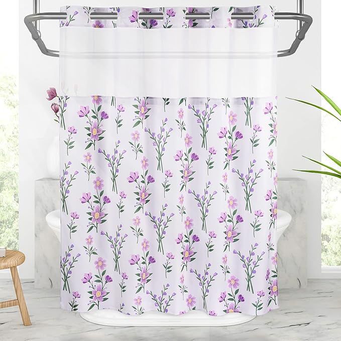 Lagute SnapHook Floral Shower Curtain with Snap-in Liner for Bathroom| No Hook Needed| Mesh Top Window| Machine Washable| Hotel Grade| 71Wx74L,Purple Bouquet