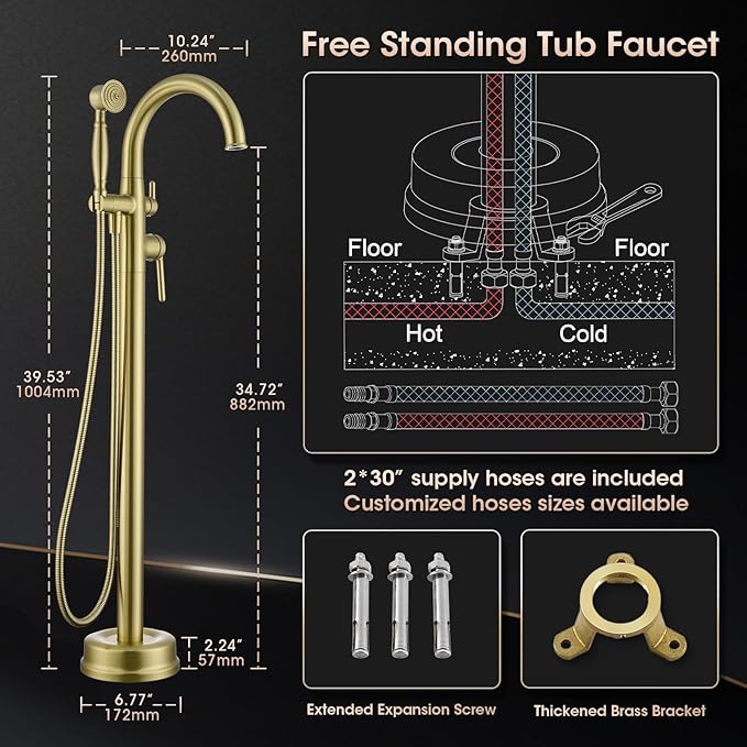 Freestanding Tub Faucets, Brass Freestanding Bathtub Faucet with Hand Shower, Floor Mount Tub Filler with Sprayer Brushed Light Gold(WT-9811BG03)