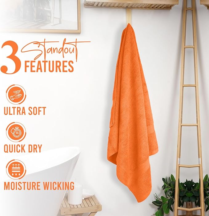 RIVERSIDE 100% Ring Spun Cotton Large Bath Towels Set of 4, 27 x 54 Inches ā Quick Dry, Soft & Highly Absorbent Towels for Shower & Bathroom ā Luxury 600 GSM Towels for Home, Spa, Gym, Hotel, Orange