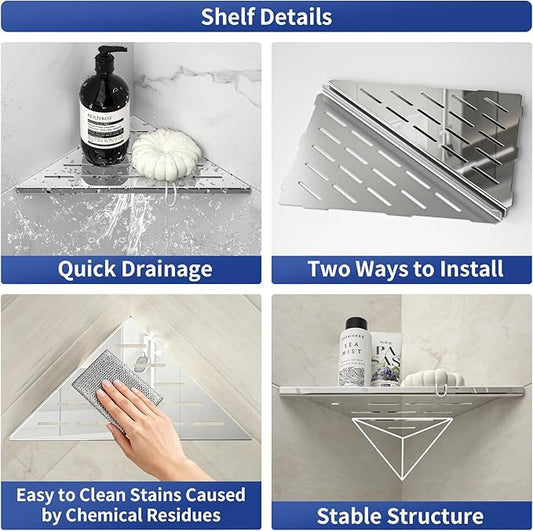 Corner Shower Shelf 10" Polished 304 Stainless Steel Recessed Corner Shelves with Slot Design Bathroom Grout in Shelf for Tiled Wall, 2 Pack