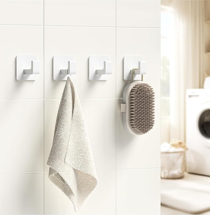 Square Self Adhesive Towel Hooks - 4 Pack Matte White Metal Hooks, Right-Angle Design for Towels, Robes & Hats, Organize Bathroom, Kitchen, Entryway, Doors, Cabinets on Smooth Surfaces