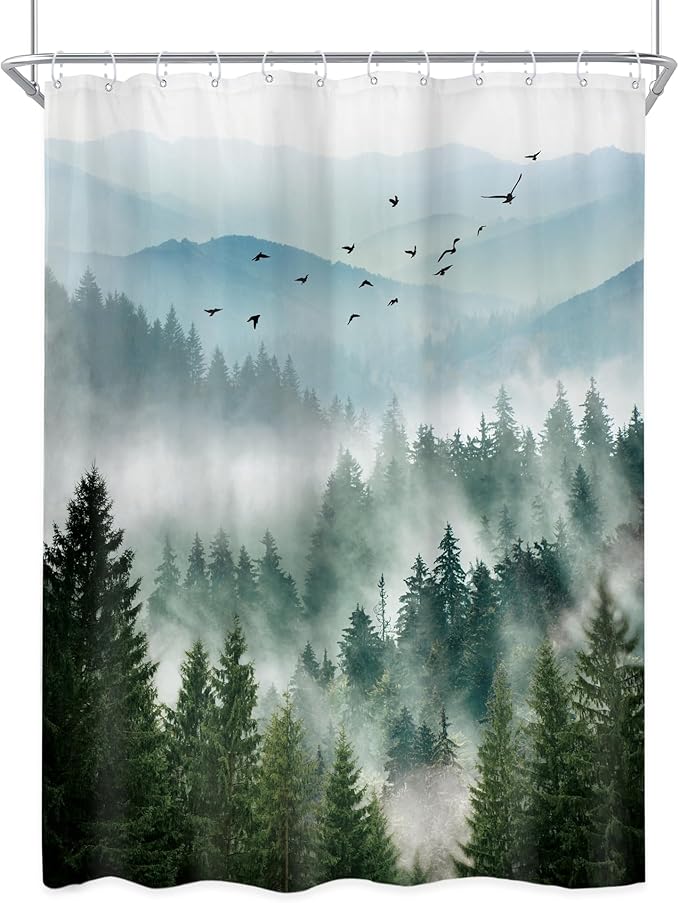 Riyidecor Green Mountain Shower Curtain,Stall Narrow Rv Small Nature Woods,Landscape Scenery Pine Tree Scenic Woodland Rustic Bathroom Decor,Fabric Polyester Waterproof 12 Pack Hooks 48Wx72H Inch