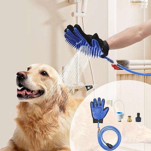 Dog Shower Attachment & Dog Washing Hose Attachment – The Ultimate Dog Wash Shower Attachment with Dog Bath Gloves & Scrubber for Grooming