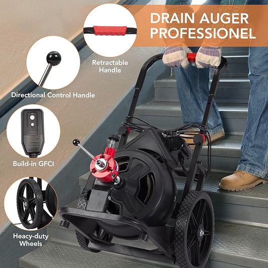 Heavy Duty Electric Drain Cleaner Machine, 100 Ft x 1/2 Inch Sewer Snake, 370w Auto-Feed, 6 Interchangeable Cutters, Gloves, Portable Pipe Cleaning Tool for 2-4 Inch Pipes