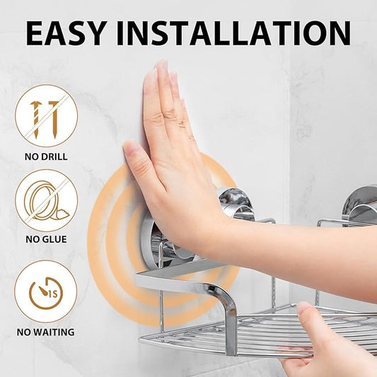 LEVERLOC 2 Pack Powerful Suction Cup Corner Shower Caddy, Stainless Steel Rustproof Shower Shelf with Hooks, Drill-Free Wall Mounted Bathroom Organizer, Large Capacity Removable Suction Basket, Silver