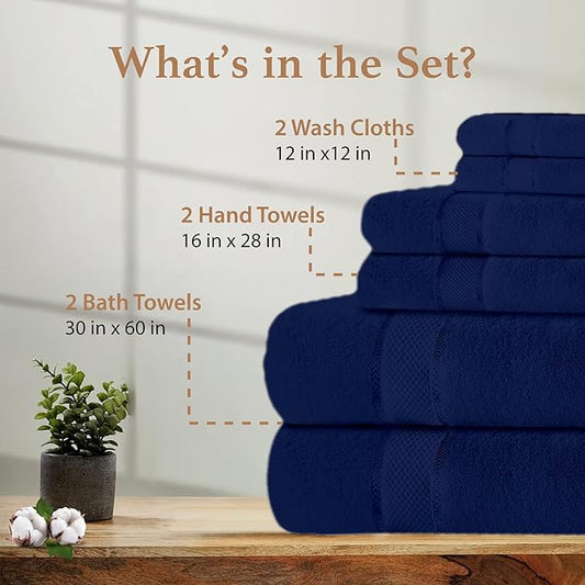 100% Cotton Bath Towel Set, Set of 6 Bath Towels, 2 Bath Towel, 2 Hand Towels, 2 Wash Cloths for Showering, Highly Absorbent Bathroom Set, Super Soft & Quick Dry Towels for Bathroom, Navy Blue