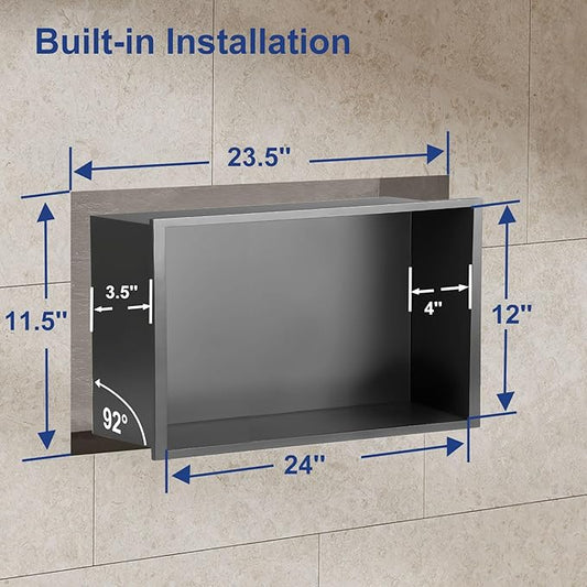 Shower Niche, 12 * 24 Stainless Steel Elegant Bathroom Niche, No Tile Needed Recessed Shower Shelf Organizer for Storage,Grey
