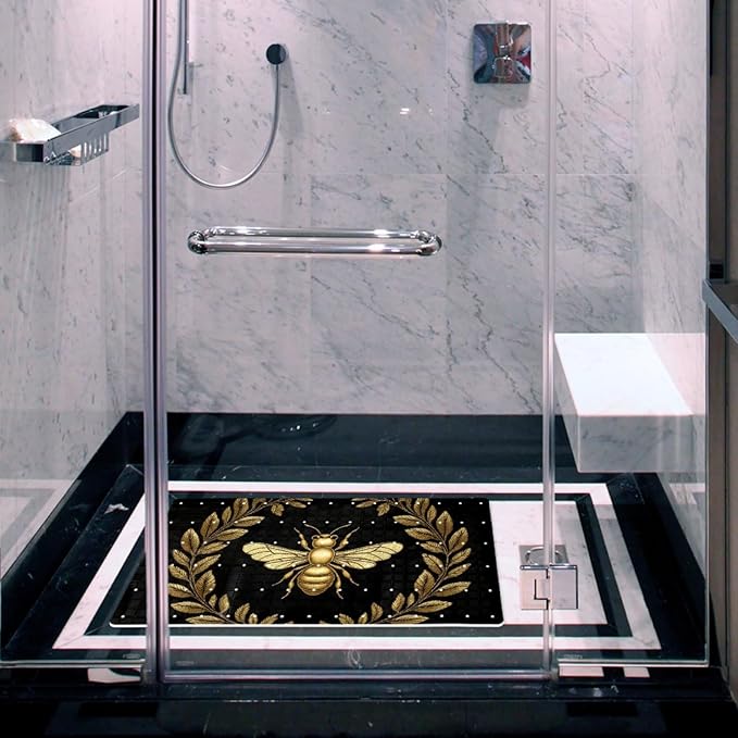 Bath Tub and Shower Mats, Non Slip Bathmat with Drain Holes and Suction Cups for Bathroom Floor, 15.1 x 26.8 Inch (Embroidery Art Golden Bee with Wreath)
