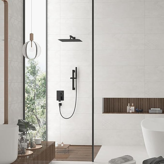 Hoimpro 12 Inch Matte Black Shower System with Adjustable Slide Bar, Square Rain Shower Head and Wand Wall Mounted, Rainfall Shower Faucet Fixture Combo Set, 2 in 1 Handheld Showerhead for Bathroom