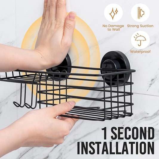 LEVERLOC Shower Caddy Suction Cup, 2 Pack Shower Shelves for Inside Shower with Hooks & Soap Holder, NO-Drilling Bathroom Shower Organizer, Rustproof Meatl Shower Holder Storage, Black