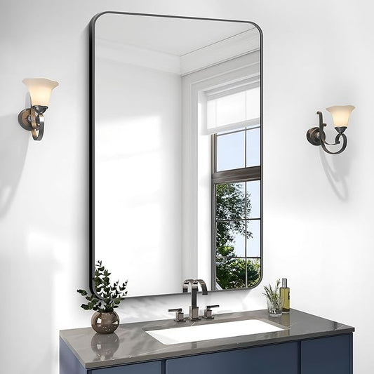 BONEWEI 30x48 inch Bathroom Mirror,Black Rectangle Mirror,Wall Mounted Bathroom Frame Vanity Mirror with Round Corner for Bedroom Living Room, Entryway Hangs Horizontal or Vertical