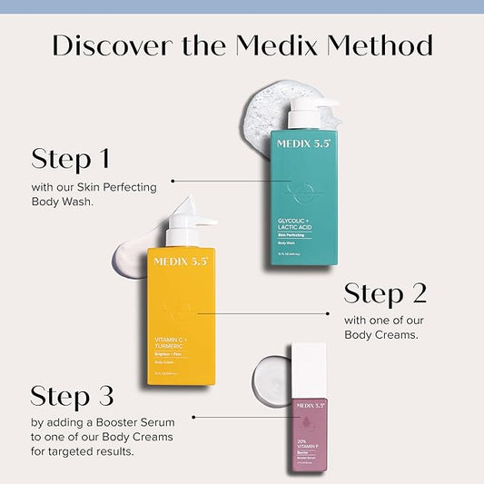 MEDIX Anti Aging Skin Care 3PC Set | Exfoliating AHA Glycolic Acid Foaming Face & Body Wash + Vitamin C Body Cream + 10% AHA Exfoliating Serum For KP Bumps, 3pc Skincare Set