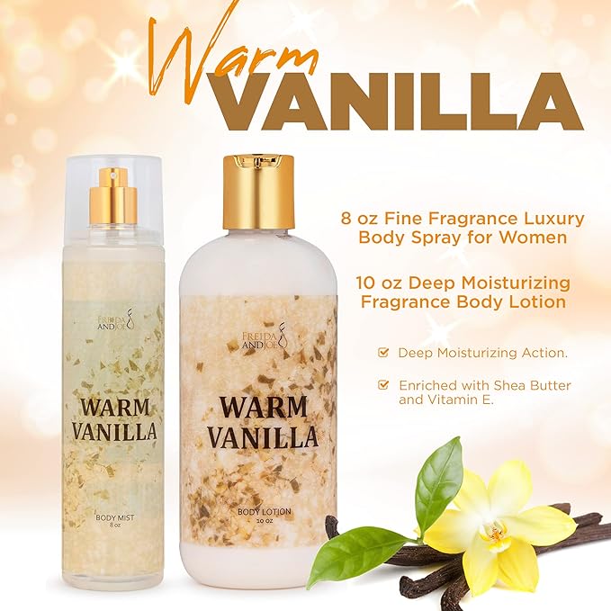 Home Spa Gift 10oz Deep Moisturizing Fragrance Body Lotion & 8 oz. Fine Fragrance Body Mist Set Luxury Self-Care Combo for Women and Girls (Warm Vanilla)