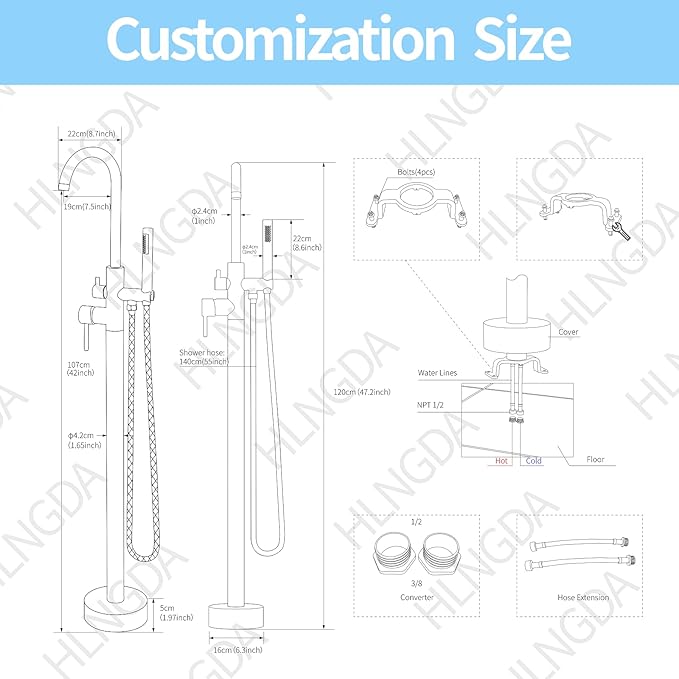 Freestanding Tub Filler Brushed Nickel Floor Mount Bathtub Faucet Bathroom,Rough-in Valve 2 Function Handshower for Tub Rinsing Bathing,Anti-Wobble Base,Cylinder Handheld