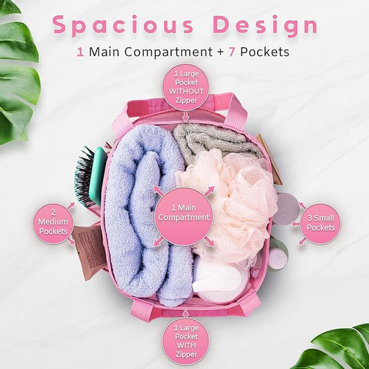 Mesh Shower Caddy Dorm, 7 Pockets & 1 with Zipper, Shower Tote with Padded Handles, Travel Portable, Shower Caddy College Room Essentials, Bathroom Shower Bag (Pink)
