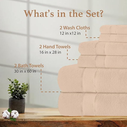 100% Cotton Bath Towel Set, Set of 6 Bath Towels, 2 Bath Towel, 2 Hand Towels, 2 Wash Cloths for Showering, Highly Absorbent Bathroom Set, Super Soft & Quick Dry Towels for Bathroom, Blush