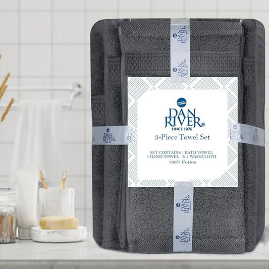 DAN RIVER 100% Ring Spun Cotton 3-Piece Towel Set, Dark Gray, Bath Towel, Hand Towel and Washcloths, 550 GSM - Soft, Absorbent Quick Dry Cotton Towels for Bathroom, Spa, and Gym