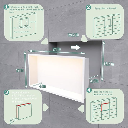 24"x12" Lighted Shower Niche ,Stainless Steel Waterproof Shower Storage with Lighting ,No Tile Needed ,Matte White ( 24 x 12 in)