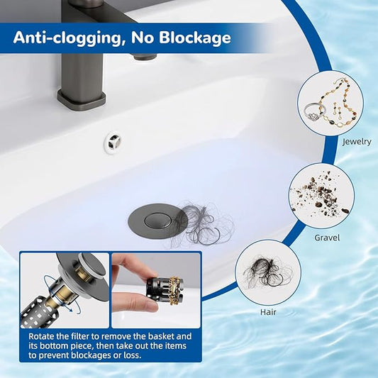 Hibbent Upgraded 3 in 1 Bathroom Sink Drain Strainer, Universal Pop Up Stopper with Removable Stainless Steel Filter Basket Hair Catcher, Sink Plug for 1.1''~2.36'' Basin, Brass Bullet Core, Grey