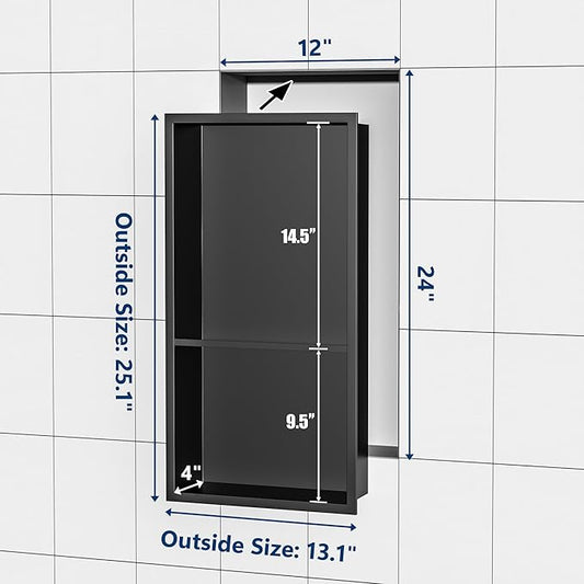 Neodrain No Tile Shower Niche, Stainless Steel Wall Cabinet 25.1"X13.1"(Inner Size 24"X12"), Two-Tier Bathroom Shelf, NO Tile Needed Recessed Niche Shower for Bathroom Storage, Matte Black
