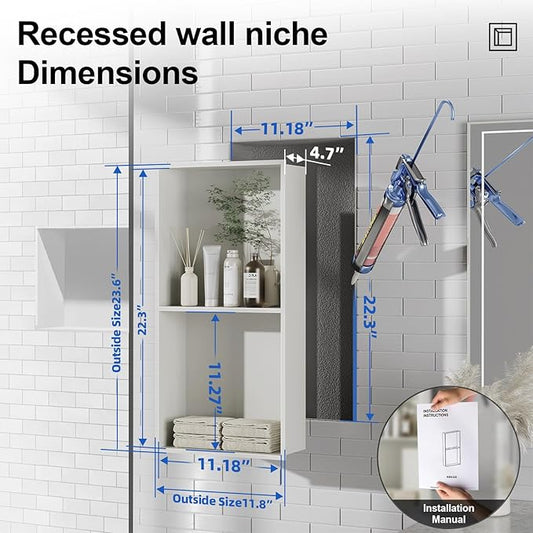 Bathbliss Shower Niche, No‑Tile Recessed Wall Niche, 11.18"x22.3" SUS304 Stainless Steel Double Shelf, Leak‑Proof Waterproof for Bathroom Storage, White