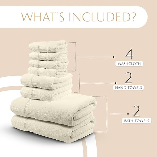 MAURA Ivory Bath Towel Set of 8 for Bathroom. Turkish Cotton Luxury Bath Towels. Extra Large, Thick, Plush & Soft. Hotel & Spa Quality - Cream