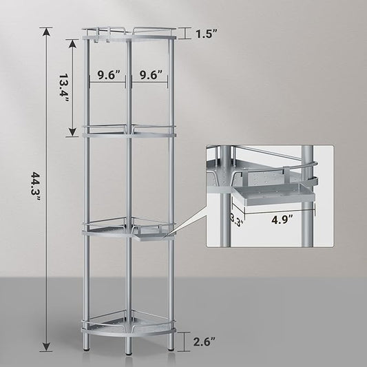ELYKEN Corner Shower Caddy Standing, 4 Tier Rustproof Metal Shower Organizer with Soap Holder, Floor Shower Corner Shelf Rack Storage Stands with Adjustable Feet & 2 Hooks for Bathroom, Silver