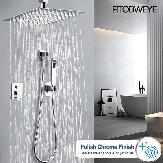 12 Inch Ceiling Mount Shower Faucet Set, Silver Rainfall Shower System with Valve Trim, Square Rain Shower Spray Combo Luxury Shower Fixtures Polish Chrome Shower Head and Handle Set