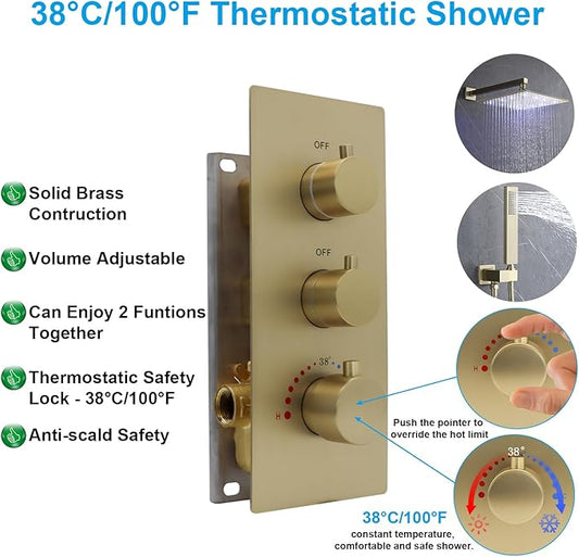 HOMEDEC 2 Way Shower Diverter Valve, Brass Dual Functions Thermostatic Shower Mixing Valve Kit 3 Handle Flow Control Valve, 3/4 Inch Inlet, Can Run Simultaneously(Brushed Gold)