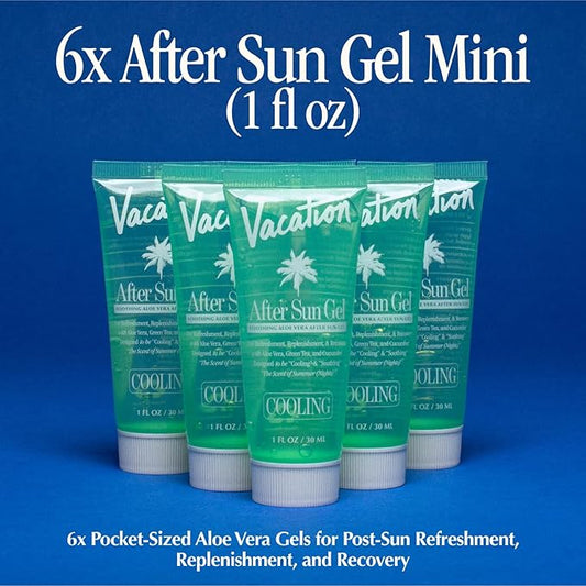 VACATION Mini After Sun Gel, Travel Size Soothing Aloe Vera Gel for Sunburn Relief, Hydrating & Cooling, Non-Sticky Aftersun Care, 1oz (Value Pack of 6)