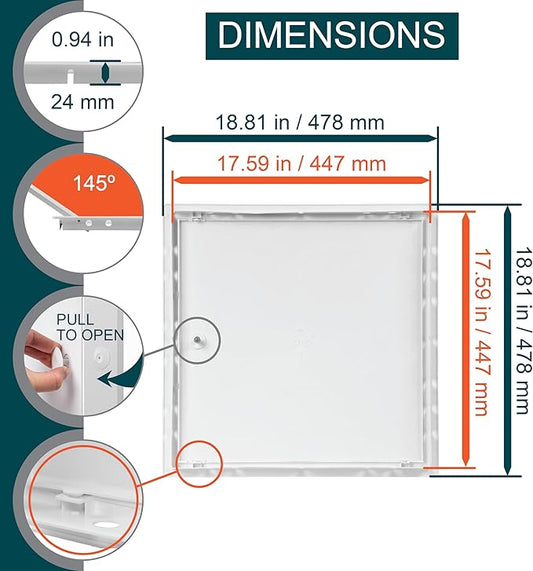 17.5" x 17.5" White Plastic Access Panel. Service Shaft Door Panel. Plumbing, Electricity, Heating, Alarm Wall Access Panel for Drywall. Bathroom Services Access Hole Cover.