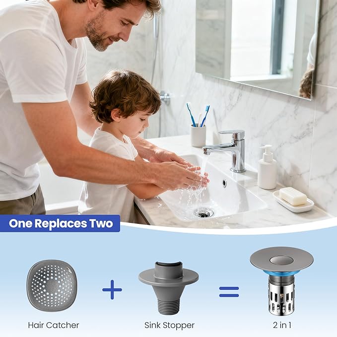 Universal Bathroom Sink Stopper, Pop Up Sink Drain Strainer Plug with Removable Stainless Steel Filter Basket Hair Catcher,Brass Body,Bathroom Bathtub Drain Stopper(2 PCS),Gun Grey