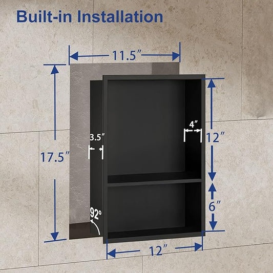 Shower Niche,12 * 18 Stainless Steel Elegant Bathroom Niche, No Tile Needed Recessed Shower Shelf Organizer for Storage,Black